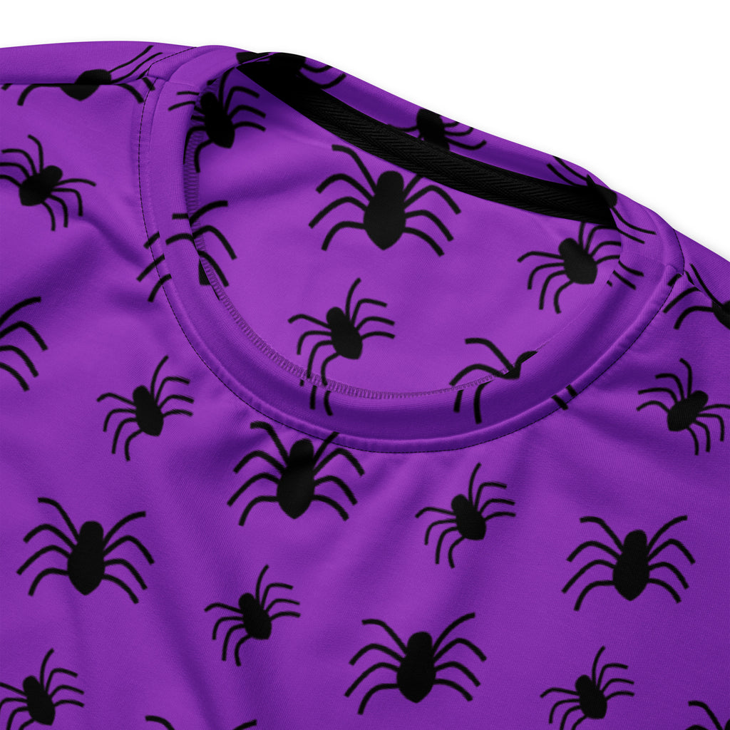 Purple spider halloween sweatshirt with black spider print and brushed inner fleece fabric for cozy wear