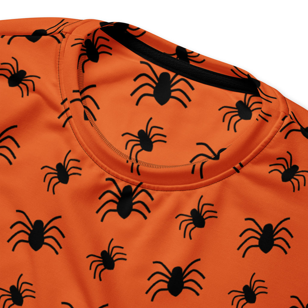 Orange spider Halloween recycled sweatshirt with brushed inner fleece fabric and black spider print on orange fabric