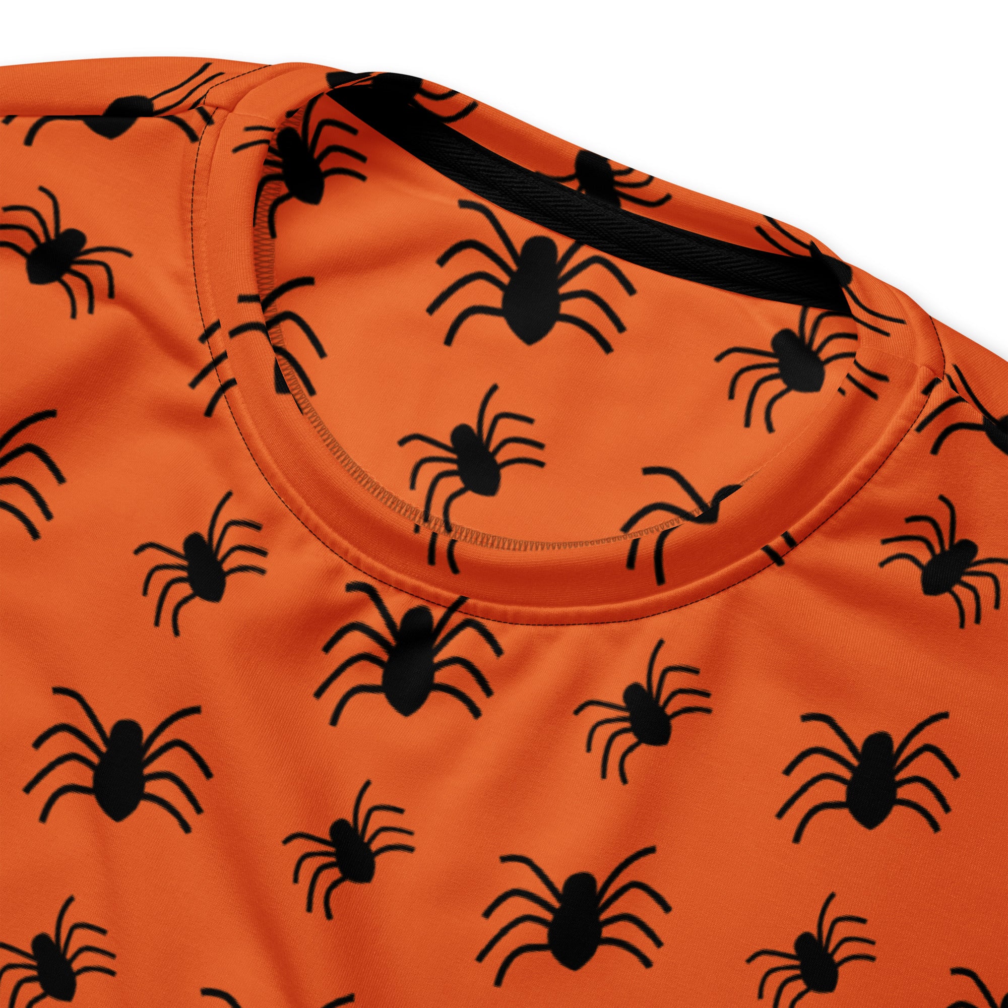 Orange spider Halloween recycled sweatshirt with brushed inner fleece fabric and black spider print on orange fabric
