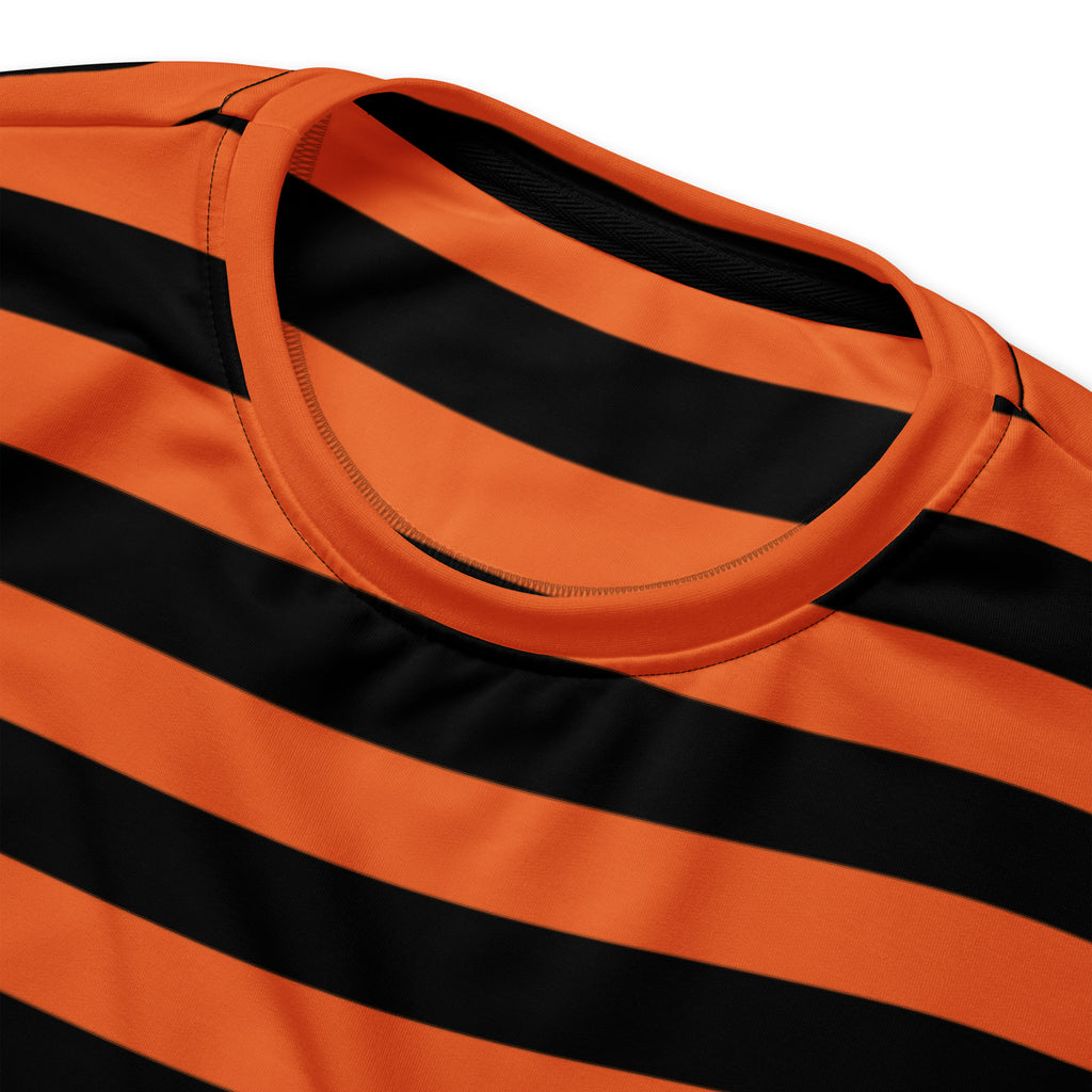 Orange and black striped halloween sweatshirt with brushed inner fleece fabric and rounded neckline