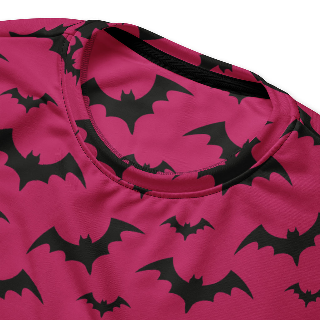 Pink bat halloween sweatshirt with brushed inner fleece fabric featuring a vibrant pink top with black bat pattern