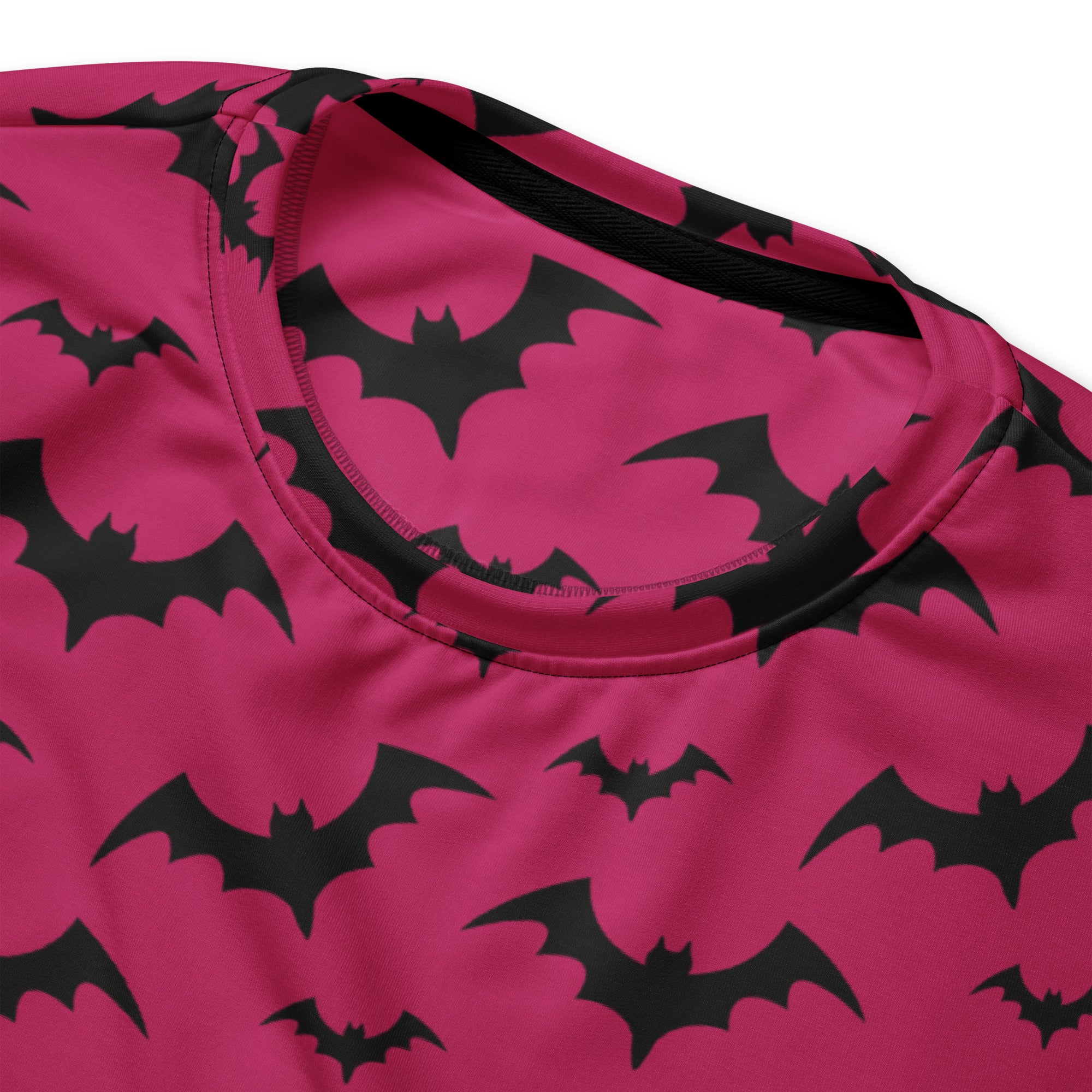 Pink bat halloween sweatshirt with brushed inner fleece fabric featuring a vibrant pink top with black bat pattern