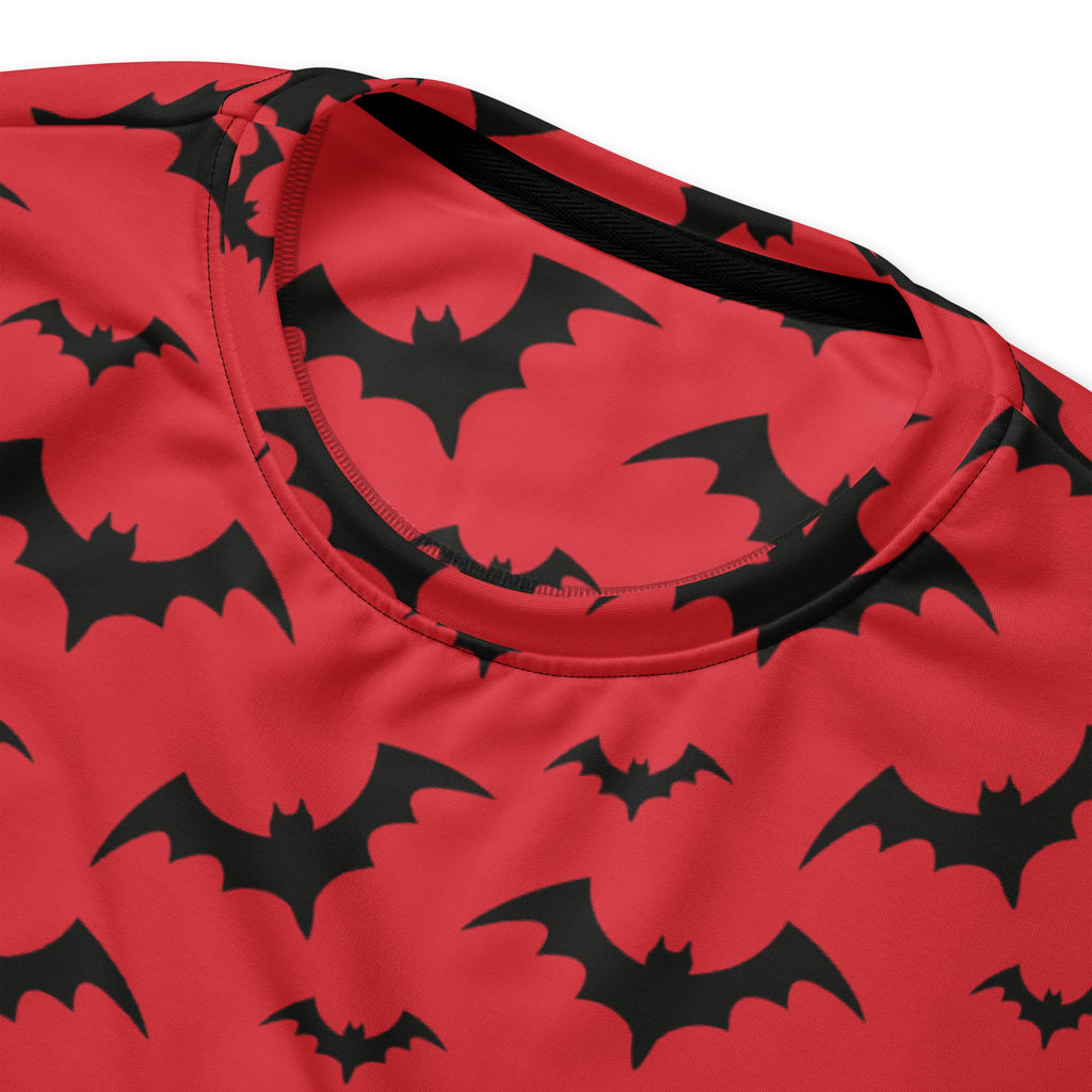 Red bat halloween sweatshirt with brushed inner fleece fabric featuring a bold black bat pattern on red fabric