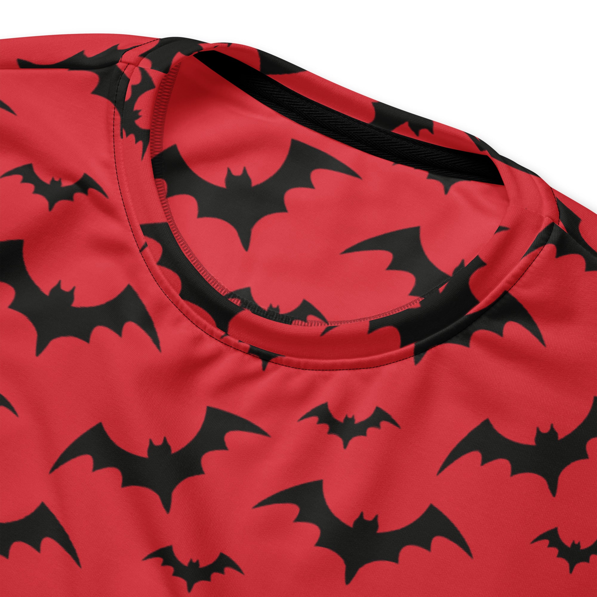 Red bat halloween sweatshirt with brushed inner fleece fabric featuring a bold black bat pattern on red fabric