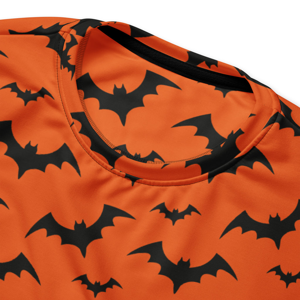Orange bat halloween sweatshirt with bold black bat pattern and brushed inner fleece fabric for cozy wear