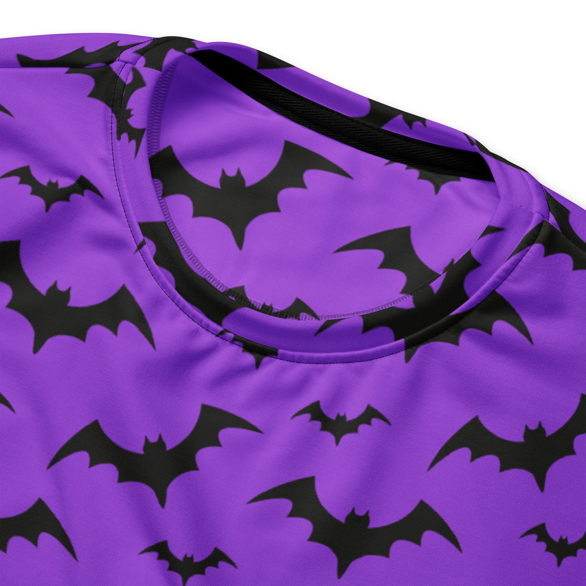 Purple halloween sweatshirt with black bat prints and brushed inner fleece fabric for cozy fall wear