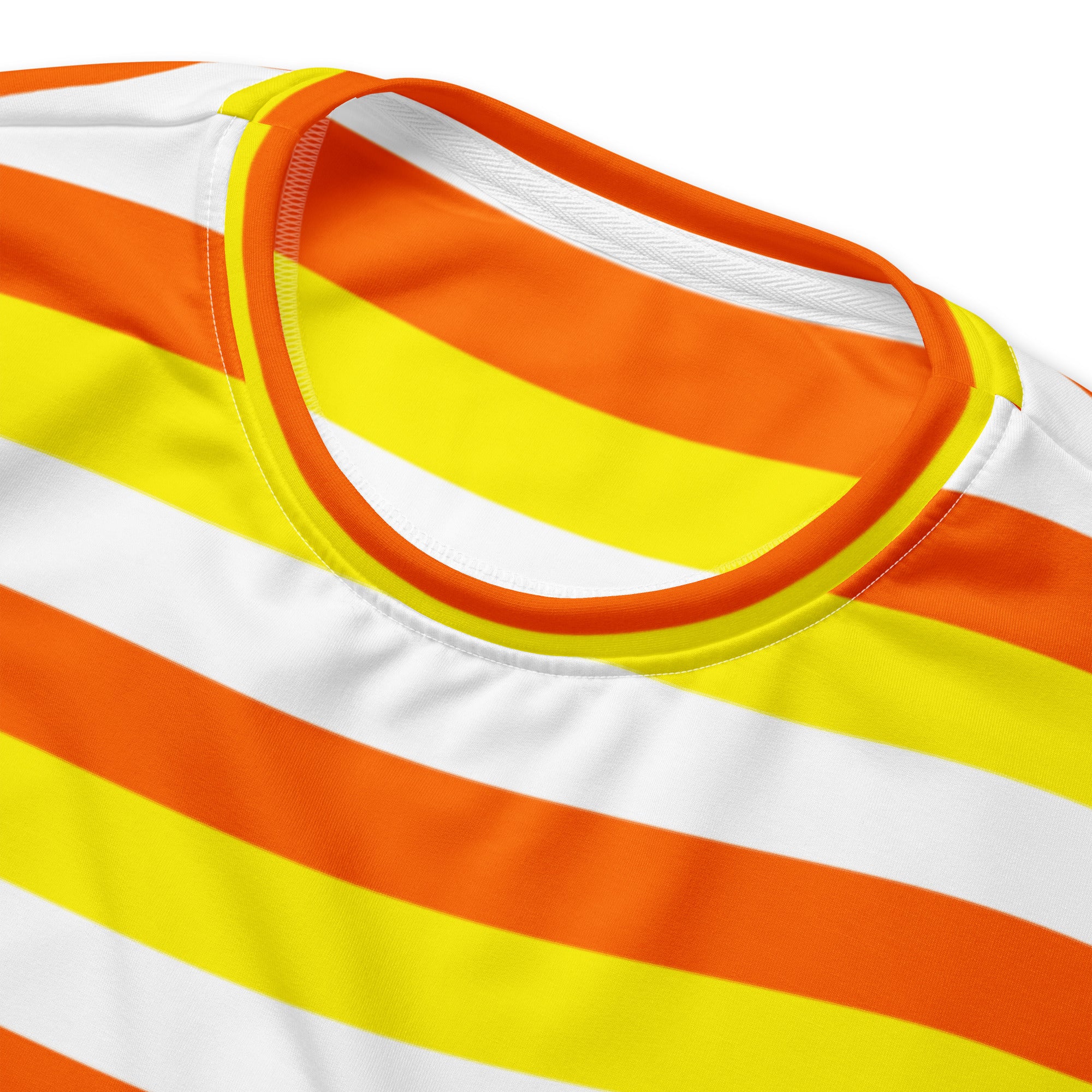 A vibrant orange and yellow striped candy corn sweatshirt with white collar trim and brushed inner fleece fabric