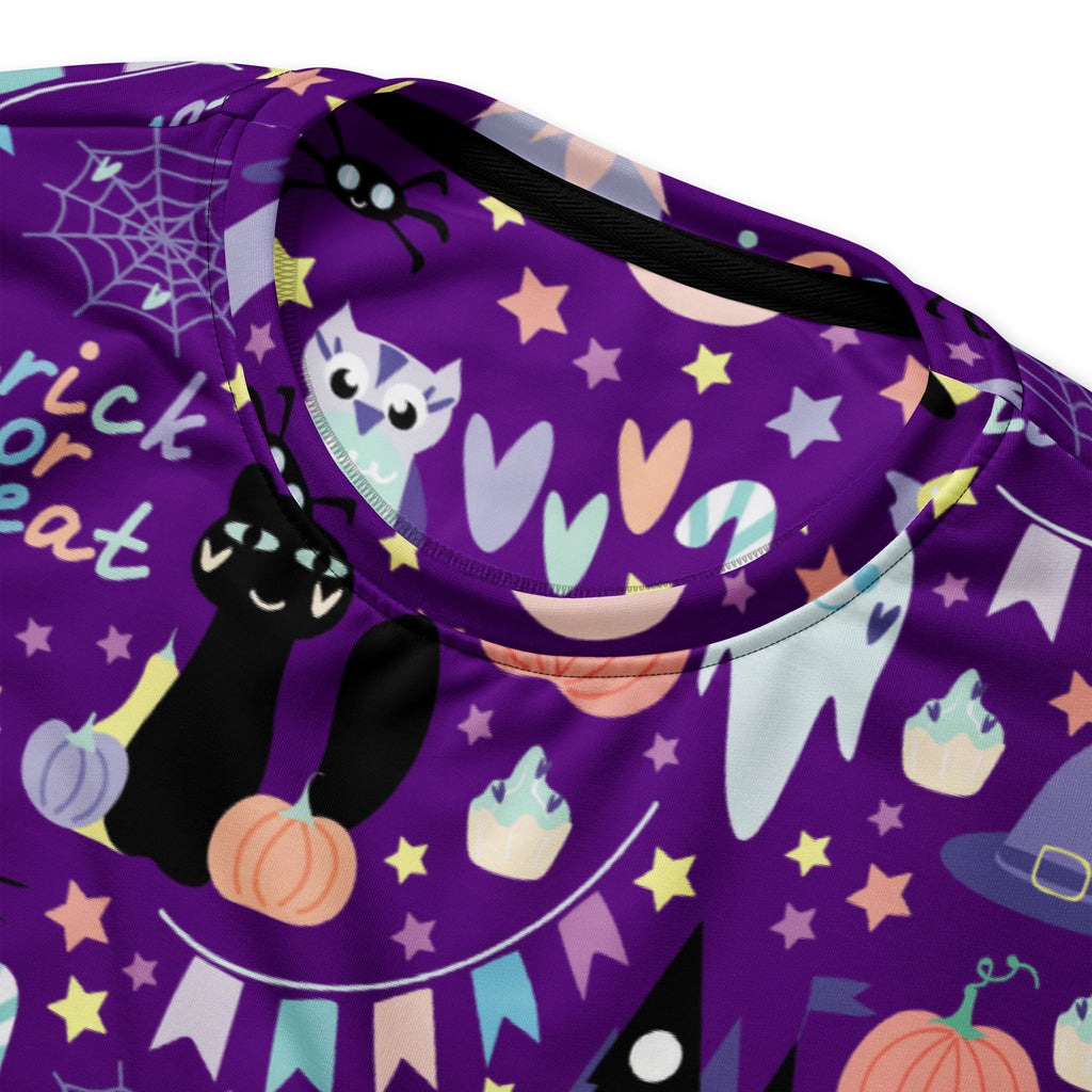 Spooky purple halloween sweatshirt featuring playful cartoon cats pumpkins and candy on stretchy brushed fleece fabric