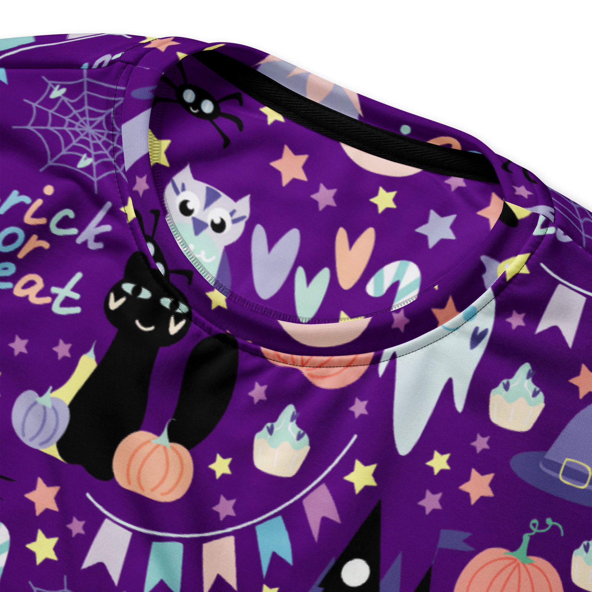 Spooky purple halloween sweatshirt featuring playful cartoon cats pumpkins and candy on stretchy brushed fleece fabric