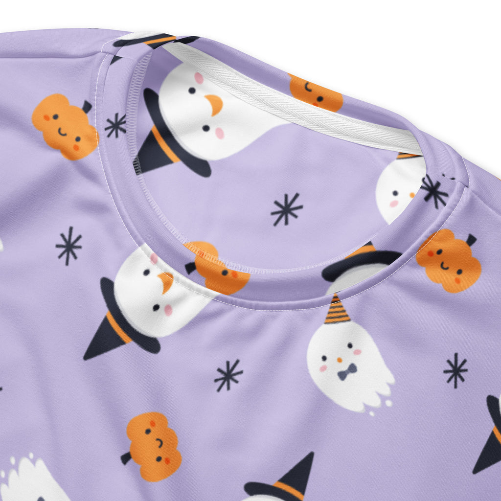 Halloween witch ghost sweatshirt in lavender with playful ghost pumpkin witch hat pattern and brushed inner fleece fabric