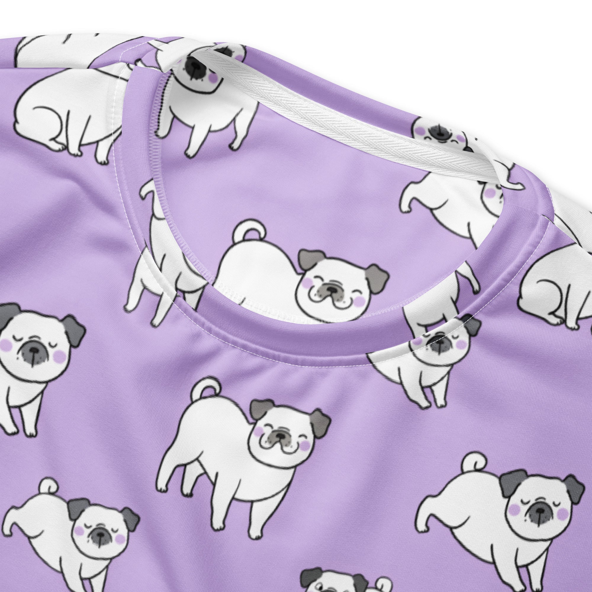 Purple pug sweatshirt featuring a playful white cartoon pug pattern with gray ears and black noses and brushed fleece lining