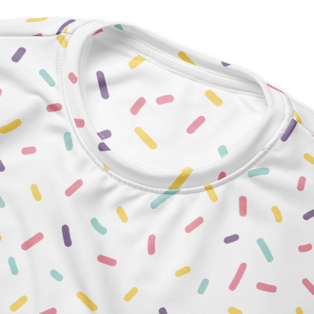 White sweatshirt with colorful pastel sprinkles pattern featuring brushed inner fleece fabric for warmth and comfort