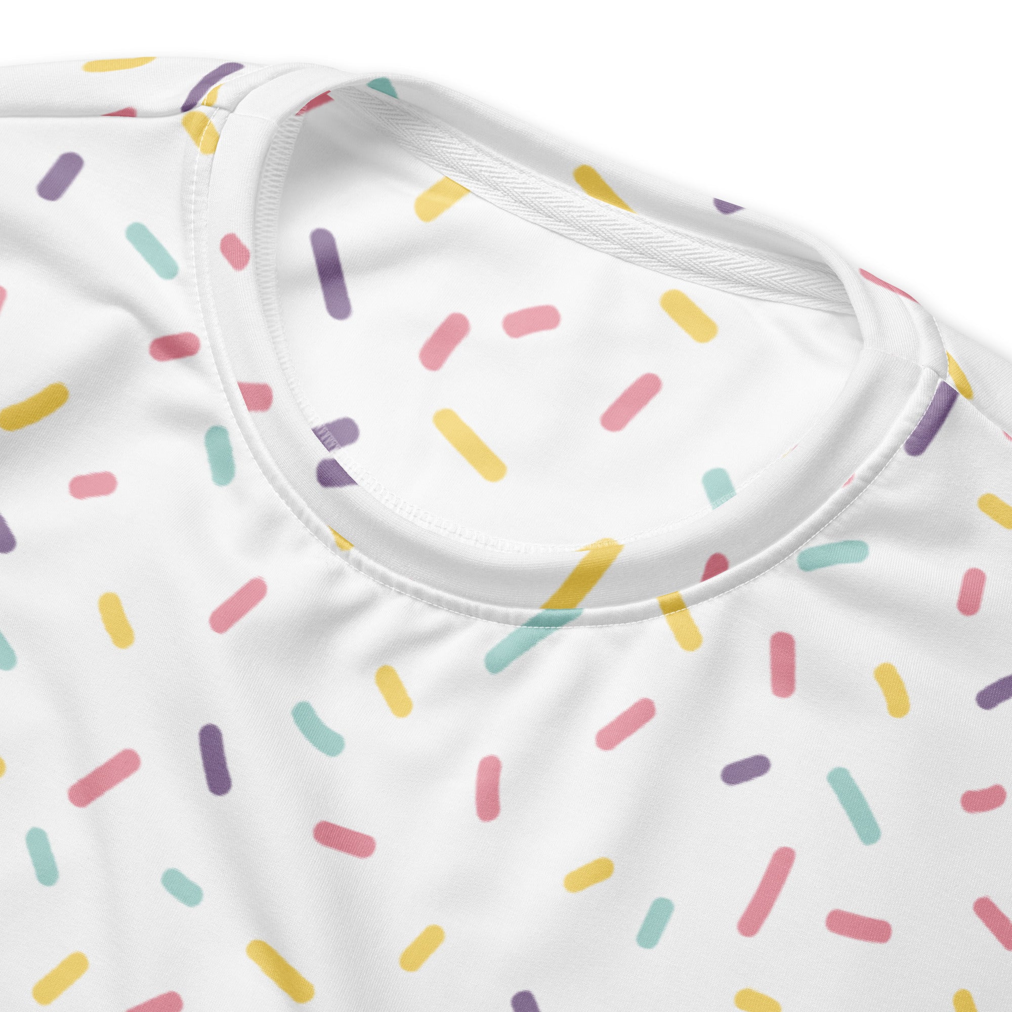 White sweatshirt with colorful pastel sprinkles pattern featuring brushed inner fleece fabric for warmth and comfort