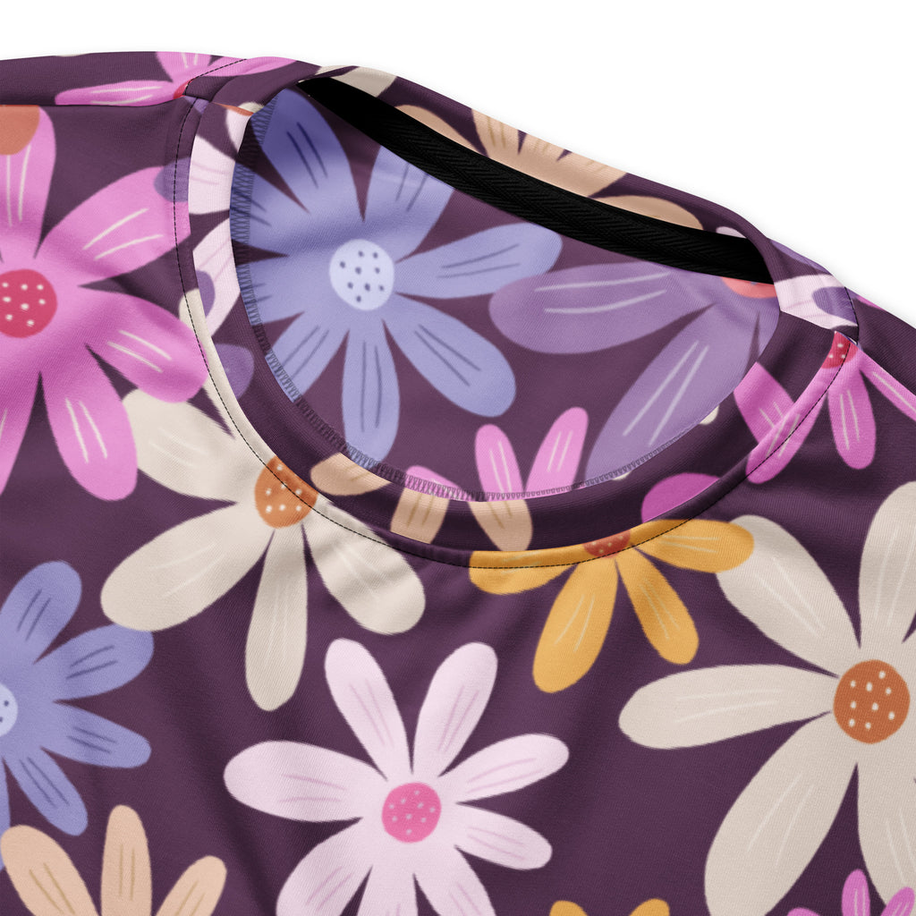 Purple floral flowers sweatshirt with colorful daisies and brushed inner fleece fabric for cozy wear