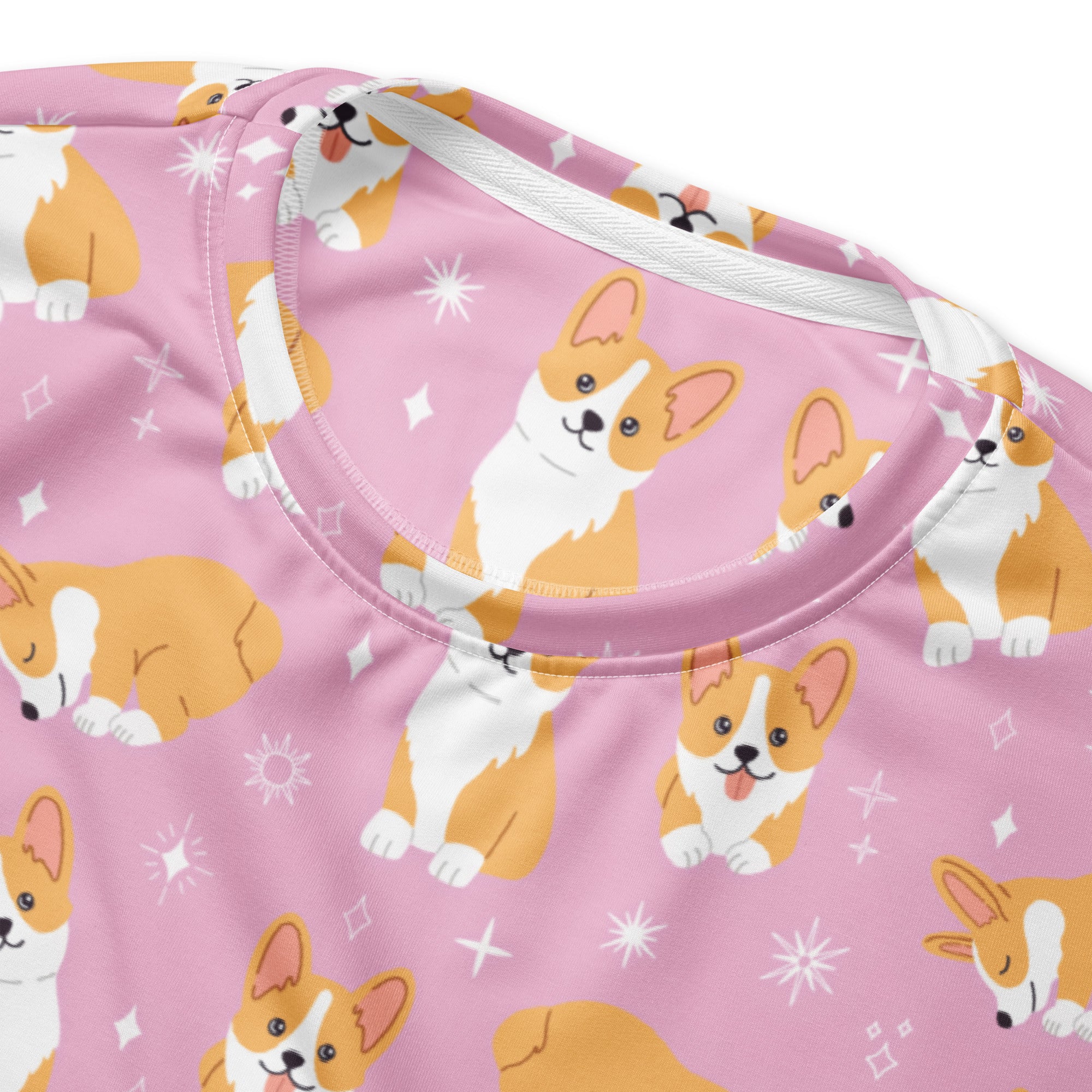 Pink long-sleeved corgi dog sweatshirt with playful pattern and brushed inner fleece fabric for cozy wear