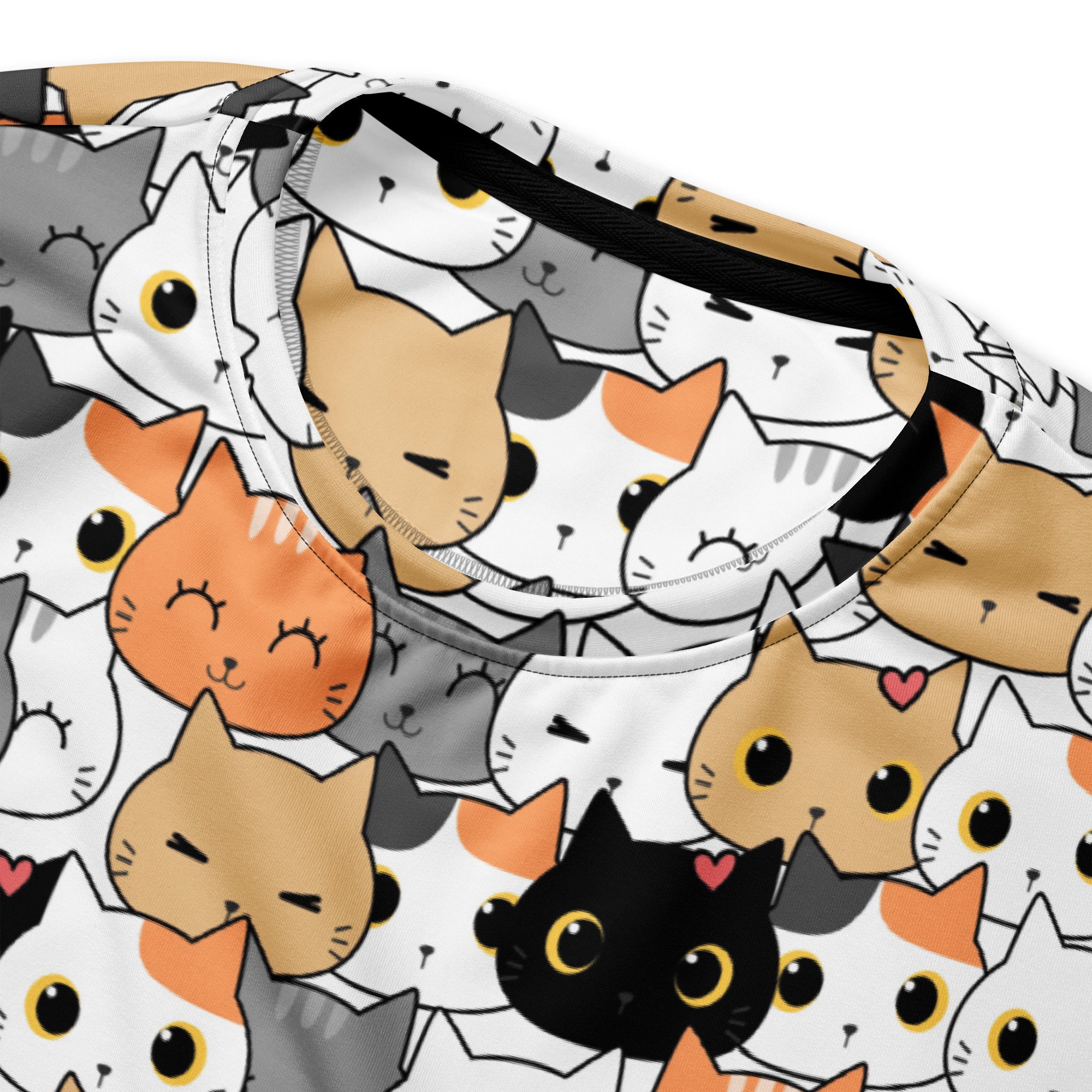 White long-sleeved cat face sweatshirt with colorful cartoon cats and brushed inner fleece fabric