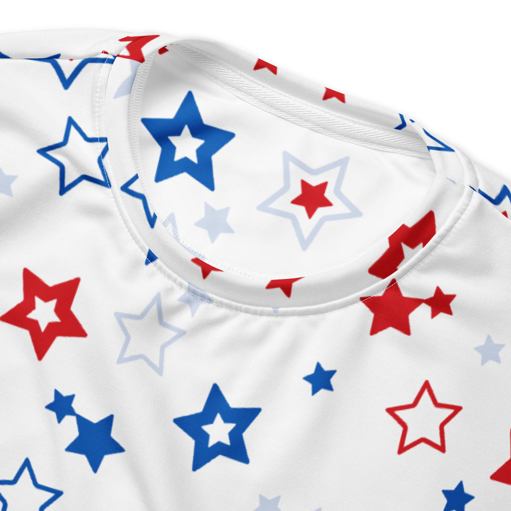 White t-shirt with playful red blue and light gray stars pattern featuring brushed inner fleece fabric
