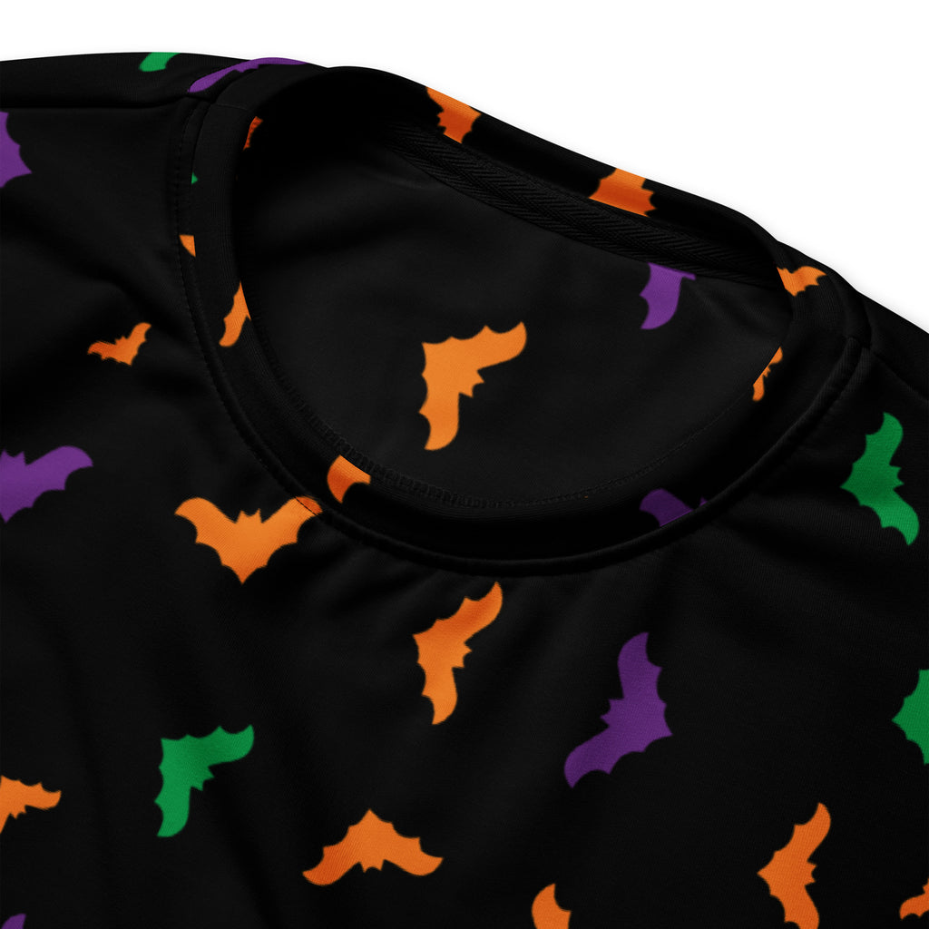 Black halloween sweatshirt with playful orange purple and green bats pattern and brushed inner fleece fabric