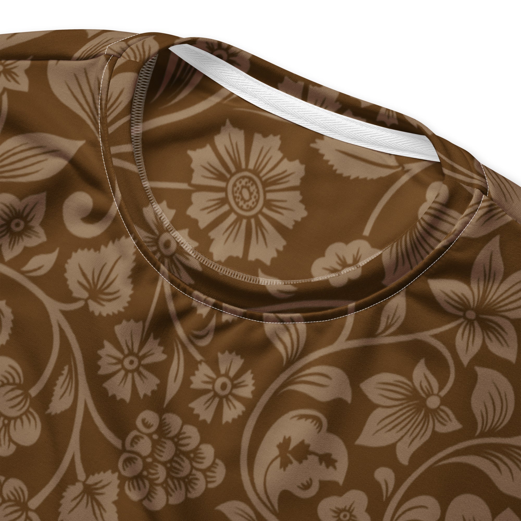 Brown floral sweatshirt with cream flowers and vines made of soft fabric with brushed inner fleece lining