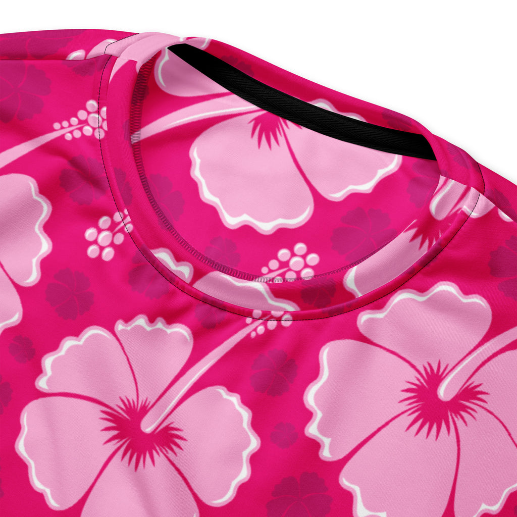A vibrant pink tropical hibiscus sweatshirt with bold floral pattern and brushed inner fleece fabric