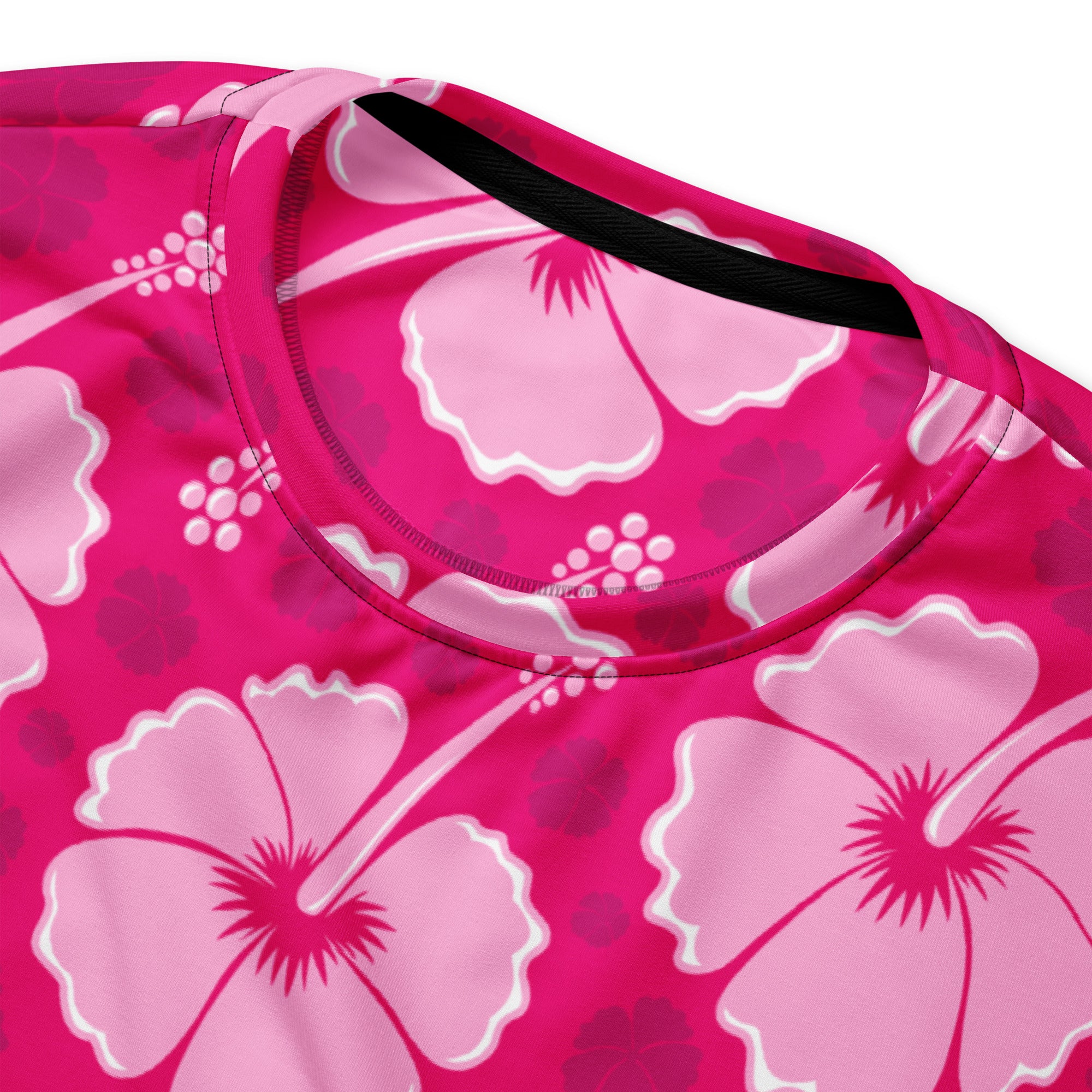 A vibrant pink tropical hibiscus sweatshirt with bold floral pattern and brushed inner fleece fabric