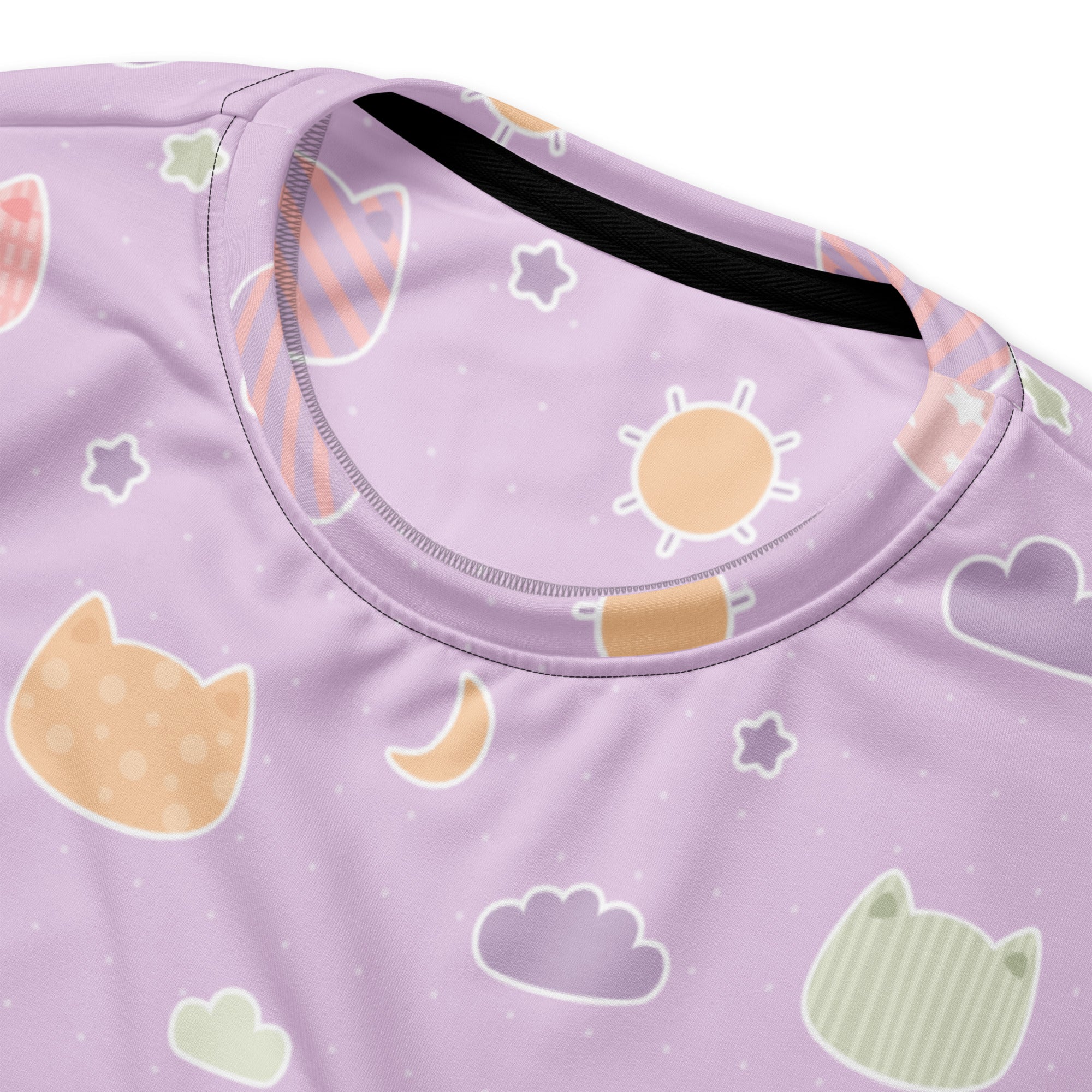 Lavender long-sleeved sweatshirt with pastel kawaii cats suns moons clouds pattern and brushed inner fleece fabric