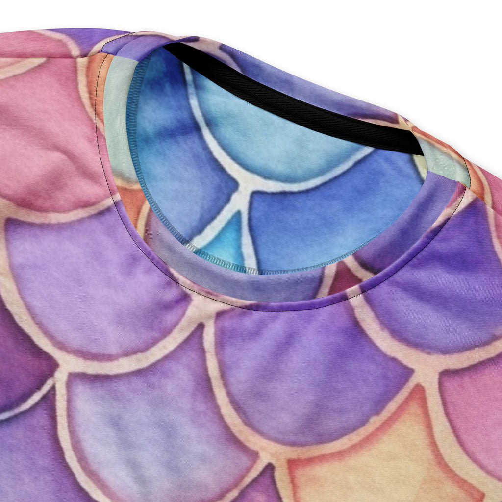A colorful mermaid scales sweatshirt with watercolor purple pink blue pattern and brushed inner fleece fabric