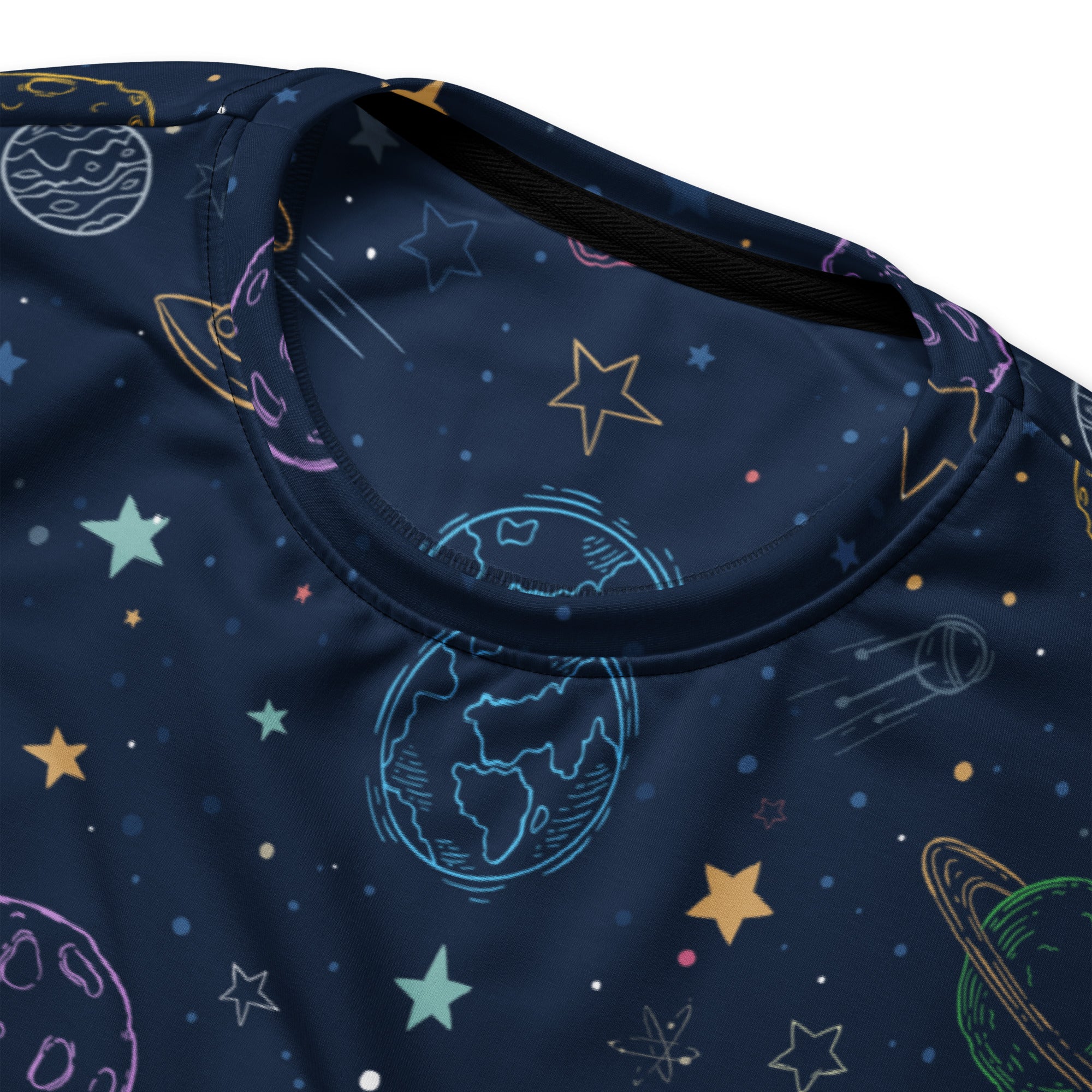 Navy blue long-sleeved sweatshirt with playful space-themed print and brushed inner fleece fabric for warmth