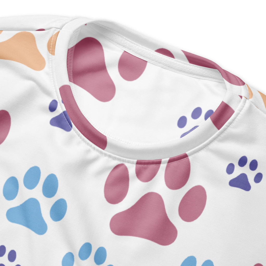 White sweatshirt with colorful pink blue and purple paw print pattern and brushed inner fleece fabric for warmth