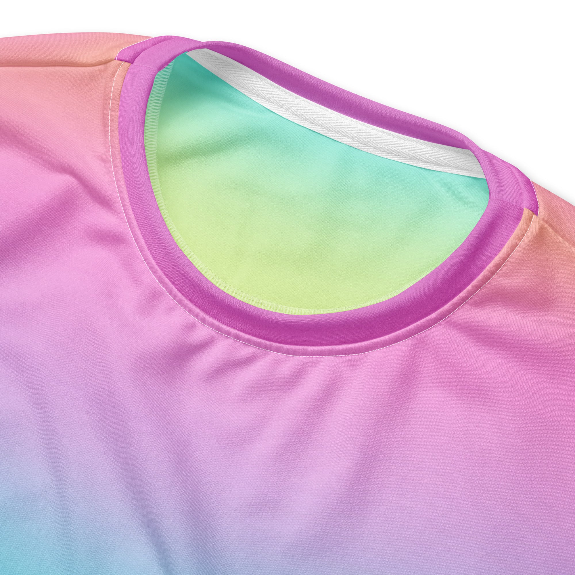 Pastel gradient t-shirt with soft pink lavender and mint green colors featured in bright rainbow sweatshirt with fleece interior