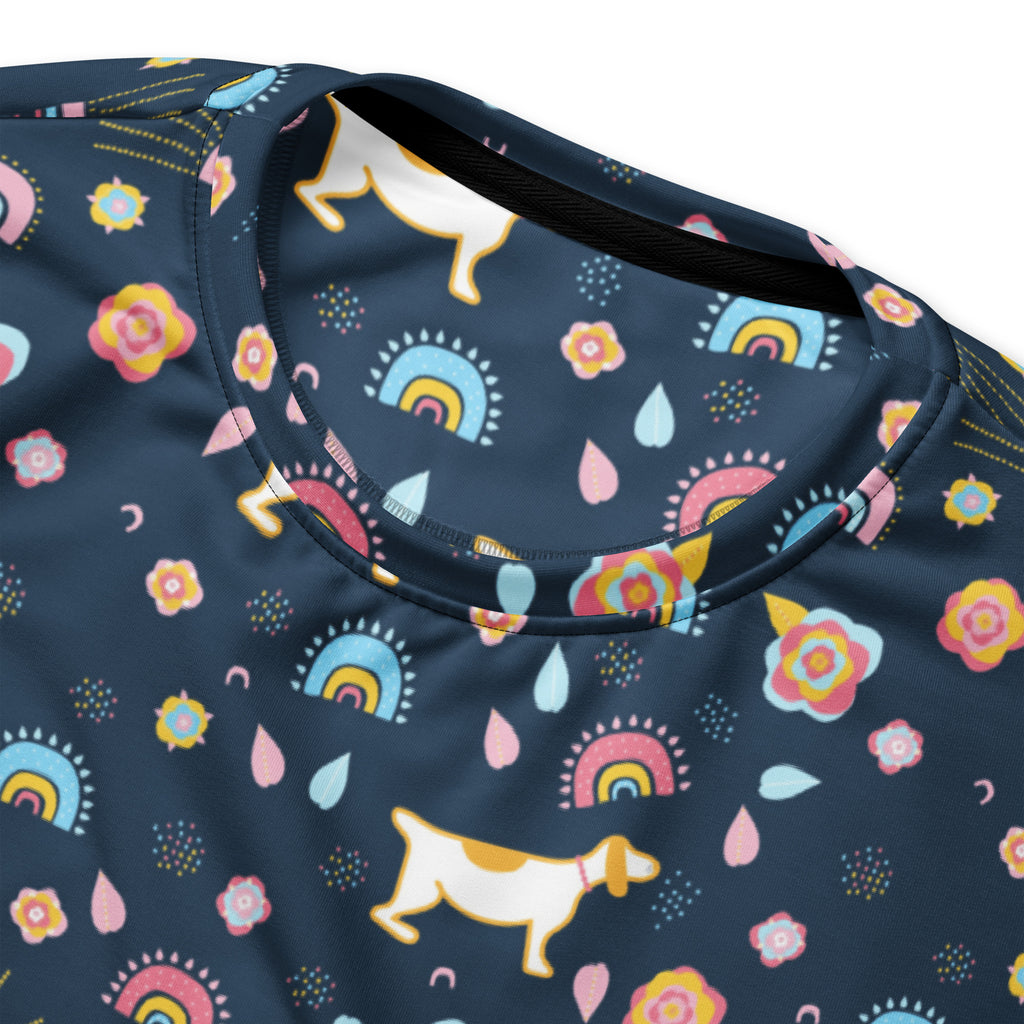 Dark blue whimsical dog and rainbow sweatshirt with playful pattern and brushed inner fleece fabric for comfort