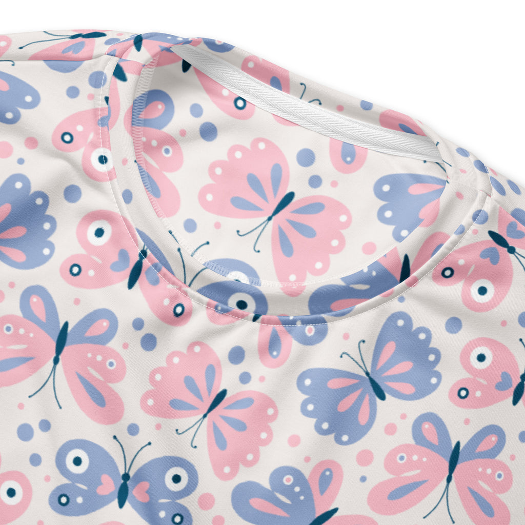 A soft white pastel butterfly sweatshirt with pink and blue cartoon butterflies and brushed inner fleece fabric