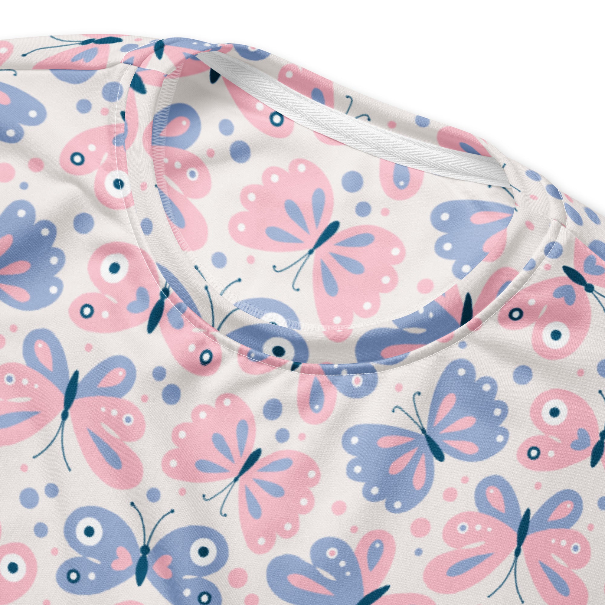 A soft white pastel butterfly sweatshirt with pink and blue cartoon butterflies and brushed inner fleece fabric