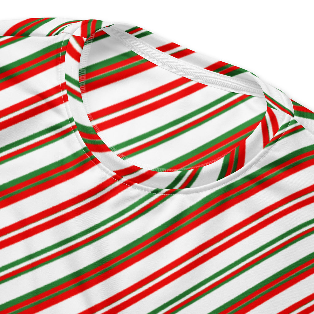 Candy cane stripe sweatshirt with diagonal red and green stripes on white soft fabric with brushed inner fleece