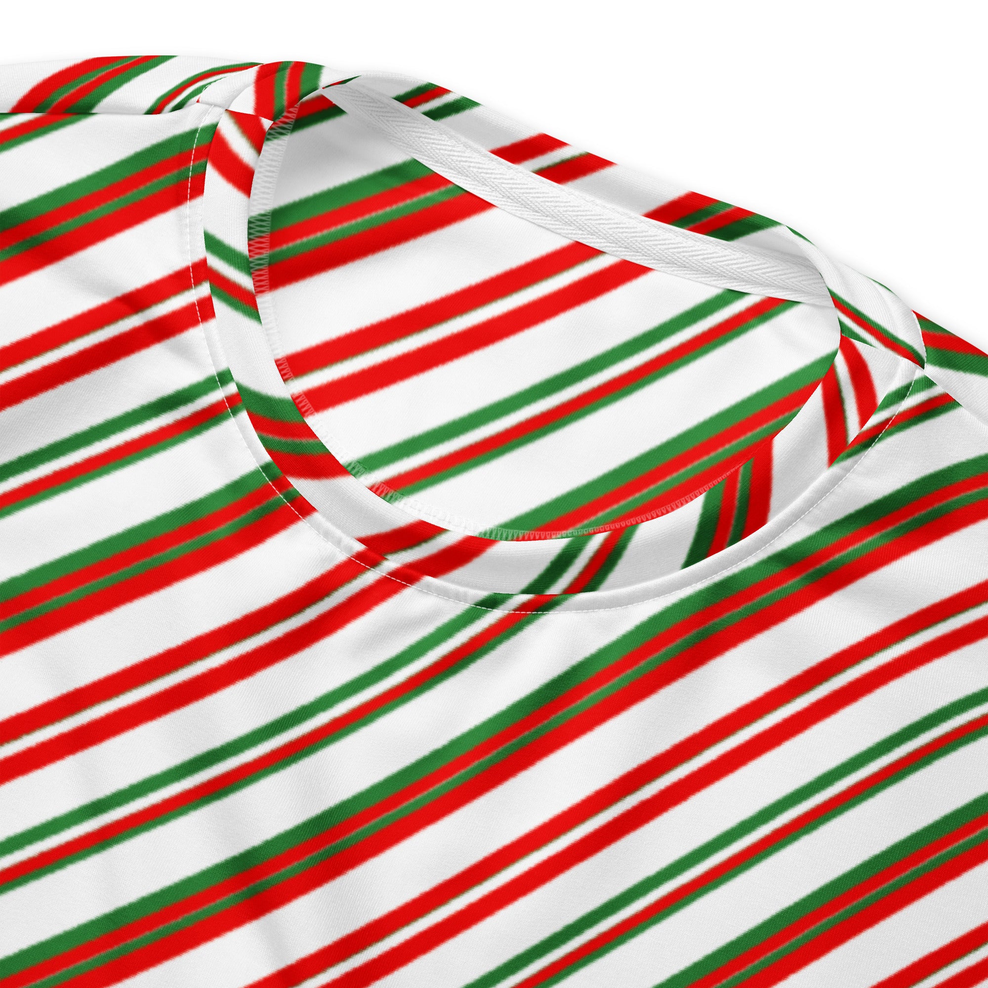 Candy cane stripe sweatshirt with diagonal red and green stripes on white soft fabric with brushed inner fleece