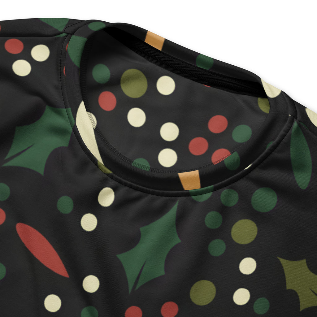 Floral christmas sweatshirt with brushed inner fleece fabric featuring black fabric with green holly leaves and red polka dots