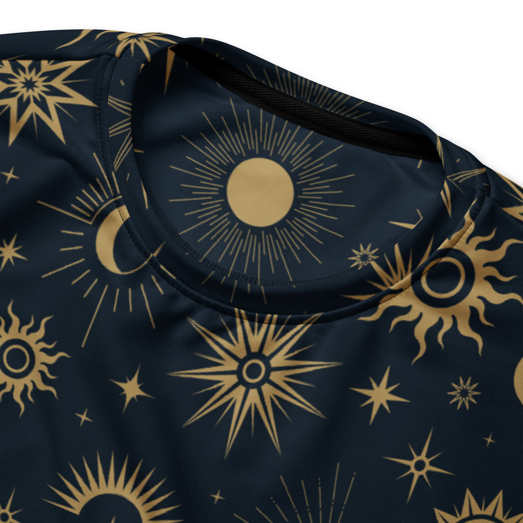 Dark blue celestial sun and moon sweatshirt with vibrant gold pattern and brushed inner fleece fabric