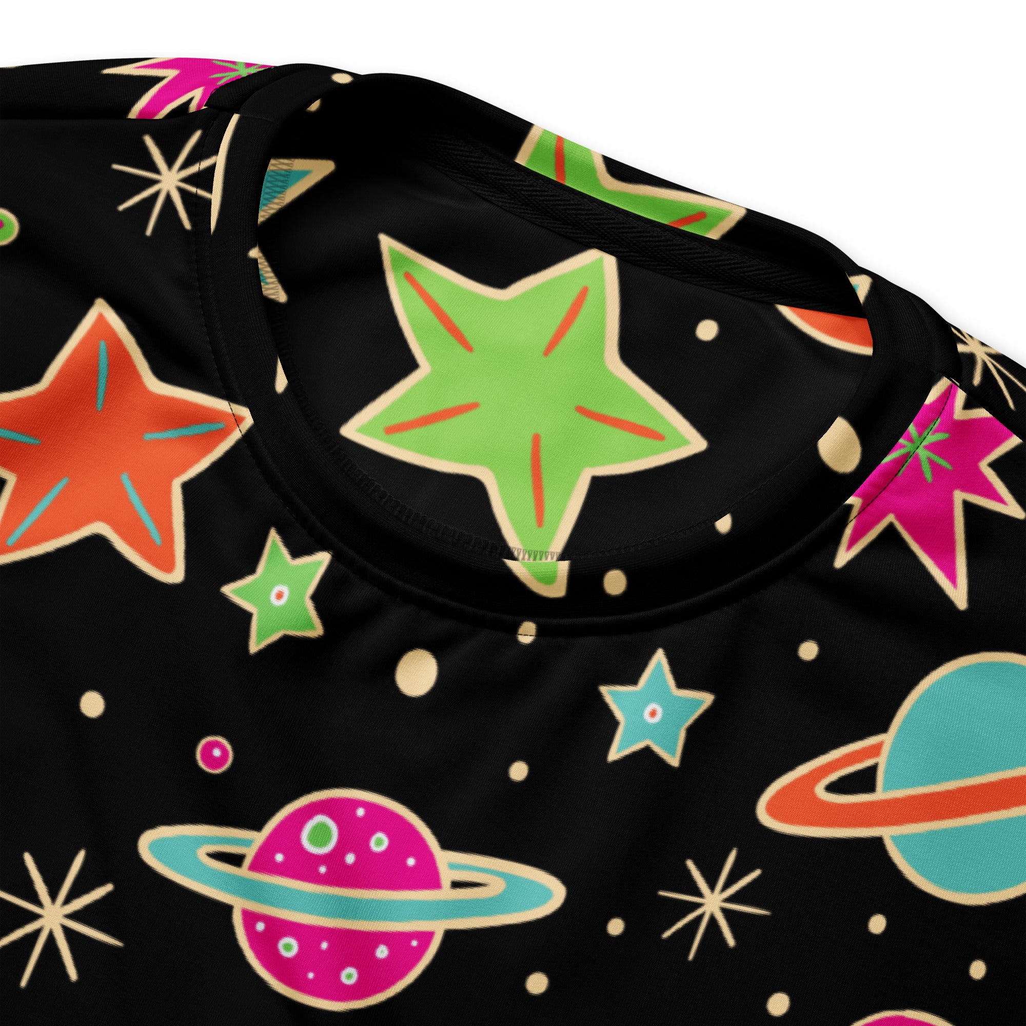Black retro neon space sweatshirt with brushed inner fleece featuring vibrant pink green orange teal cosmic patterns