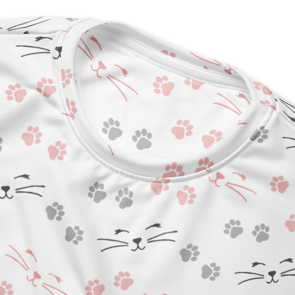 White short-sleeved cat paw print sweatshirt with pink and gray paw patterns and brushed inner fleece fabric
