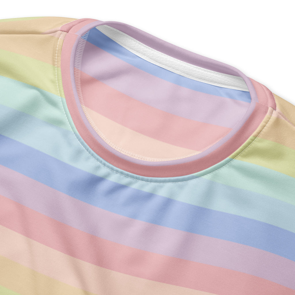 Pastel rainbow-striped cotton sweatshirt with soft rounded neckline and brushed inner fleece fabric for comfort