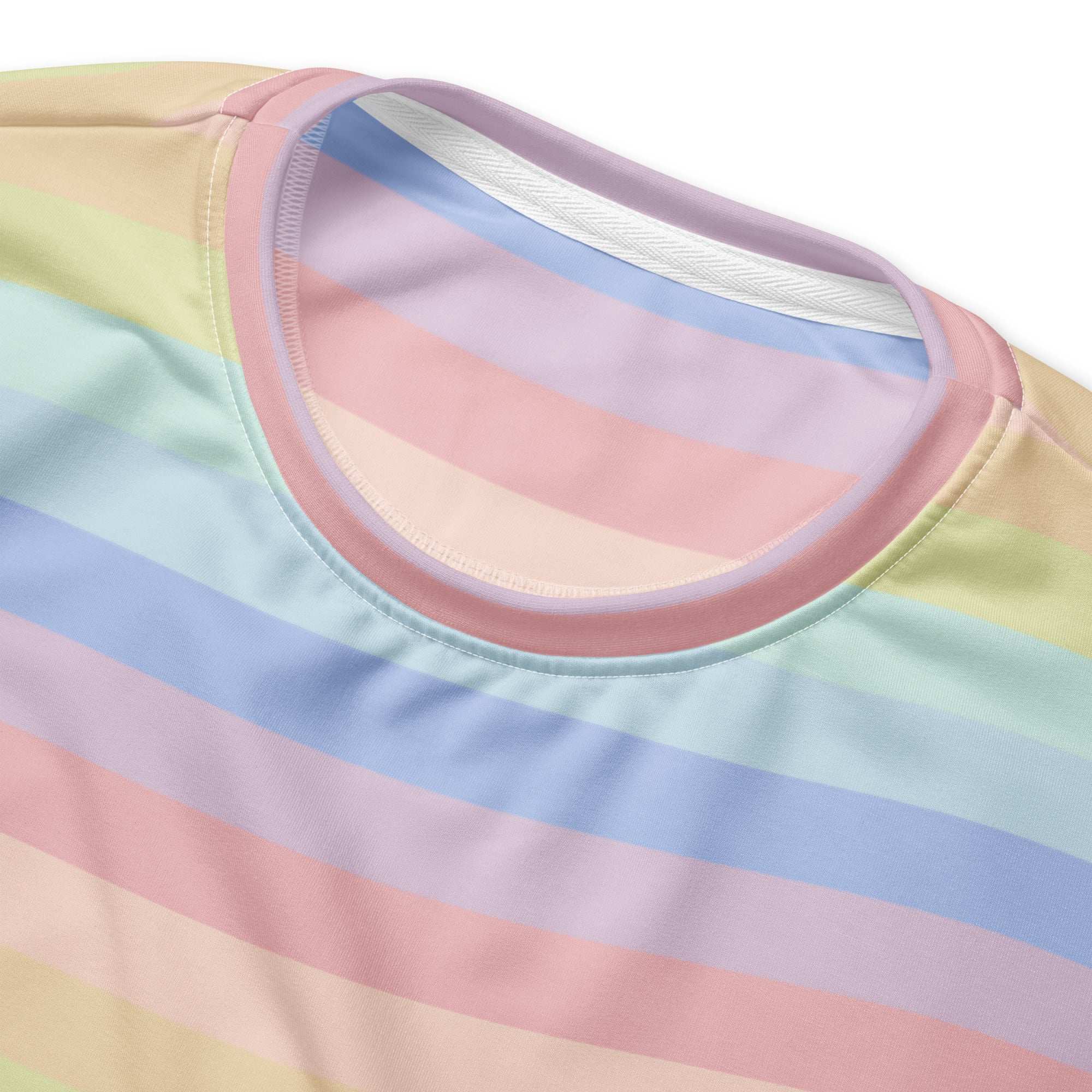 Pastel rainbow-striped cotton sweatshirt with soft rounded neckline and brushed inner fleece fabric for comfort