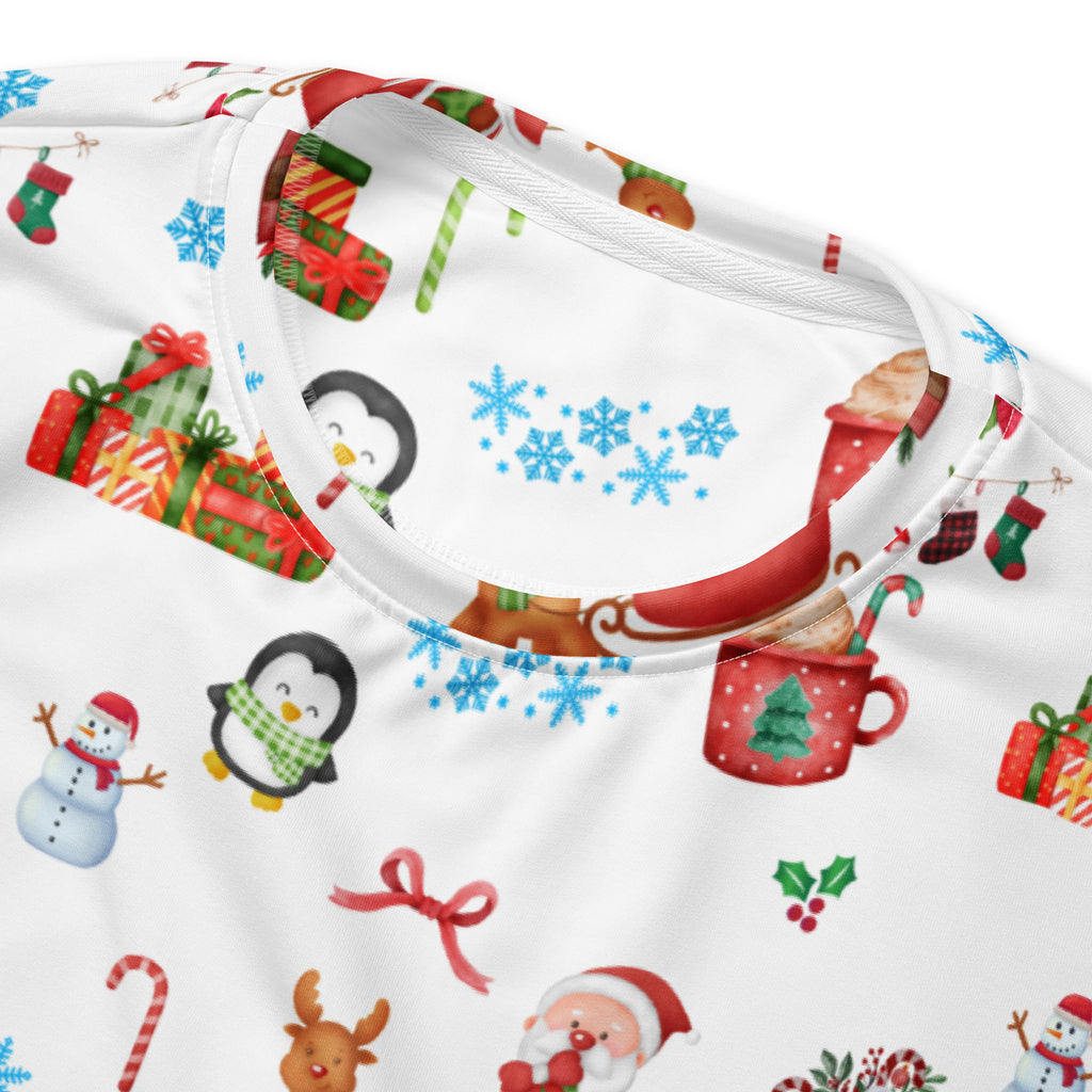 White christmas pattern sweatshirt with brushed inner fleece fabric featuring festive penguins snowmen santa and gifts