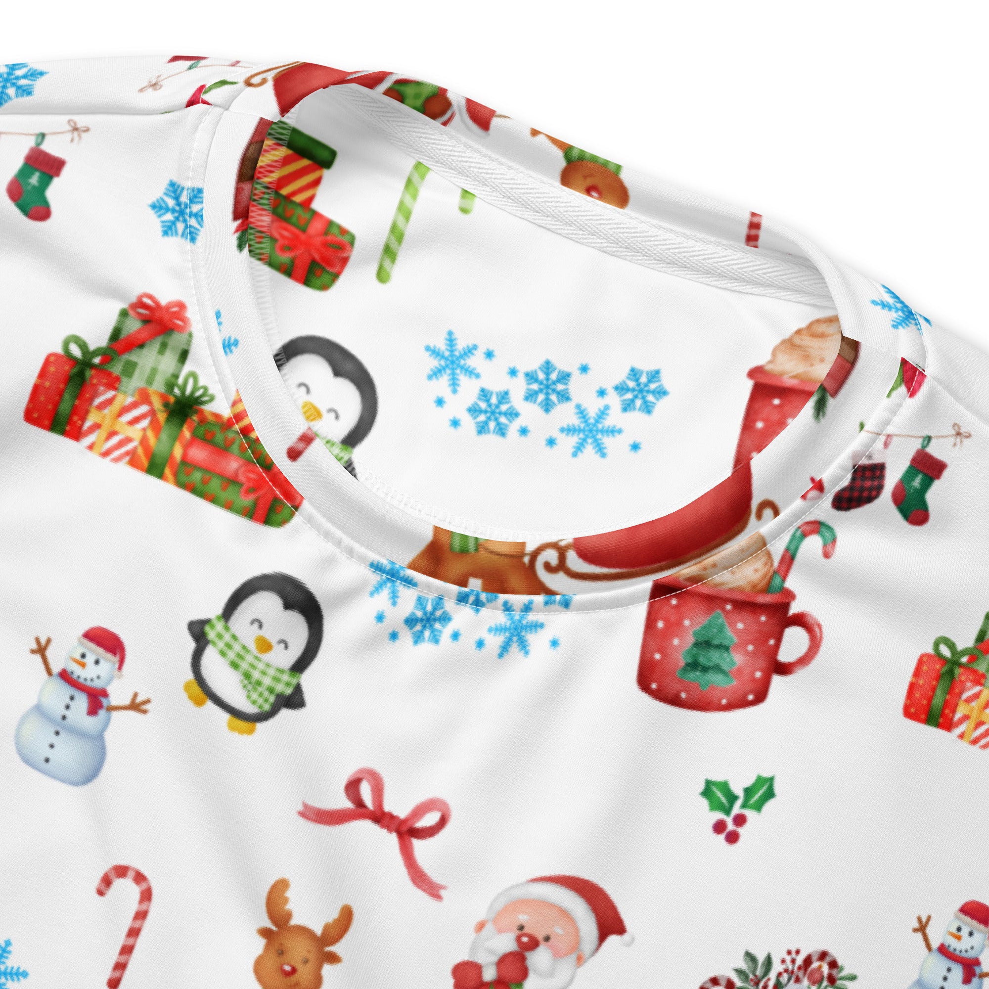 White christmas pattern sweatshirt with brushed inner fleece fabric featuring festive penguins snowmen santa and gifts