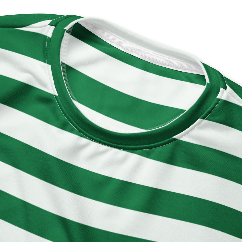 Green and white candy cane striped athletic sweatshirt with ribbed crew neck and brushed inner fleece fabric