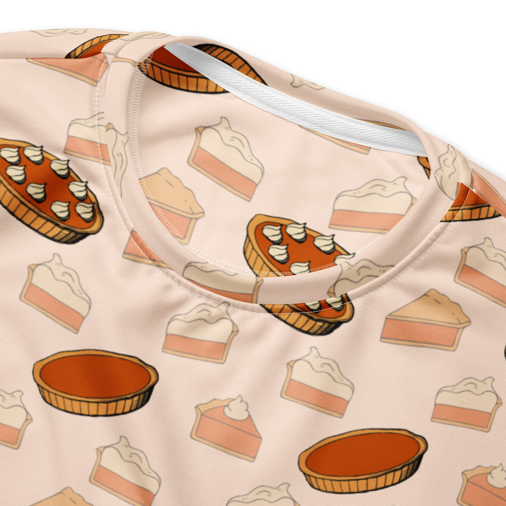 A soft pink long-sleeved pumpkin pie sweatshirt with playful print and brushed inner fleece for thanksgiving