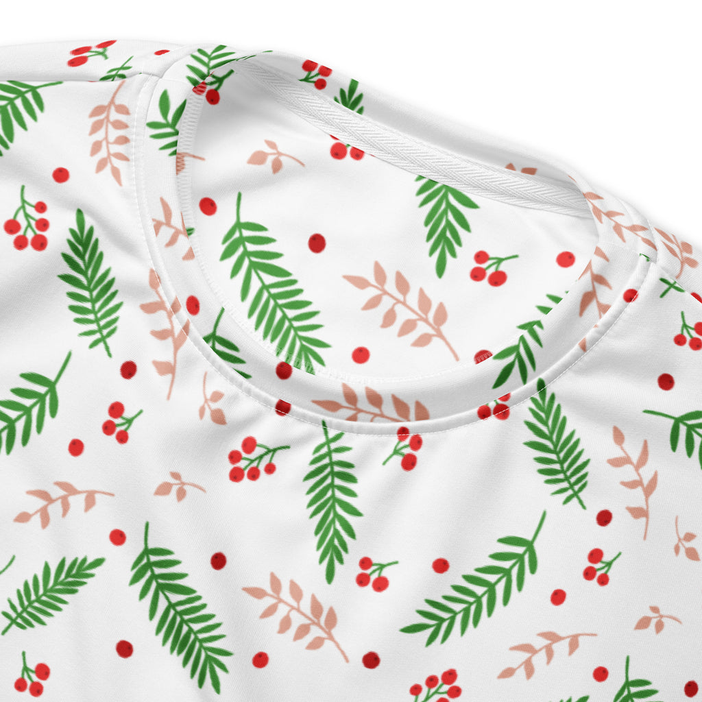 White holly berry christmas sweatshirt with festive green pine leaves red berries and brushed inner fleece fabric