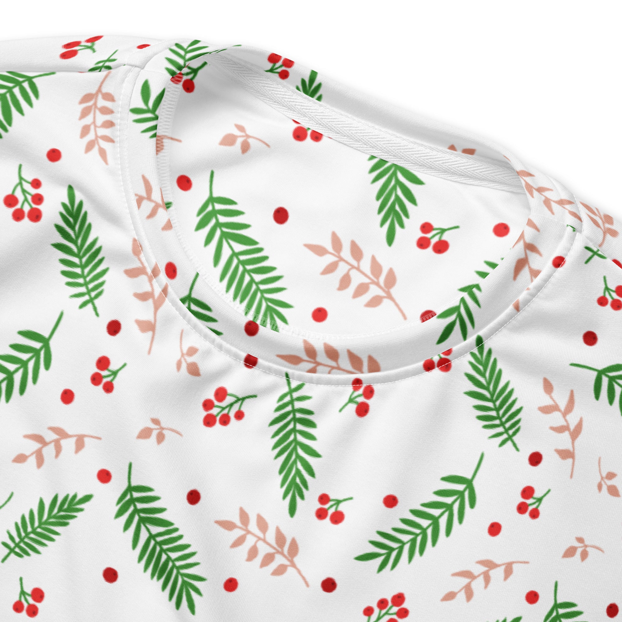 White holly berry christmas sweatshirt with festive green pine leaves red berries and brushed inner fleece fabric