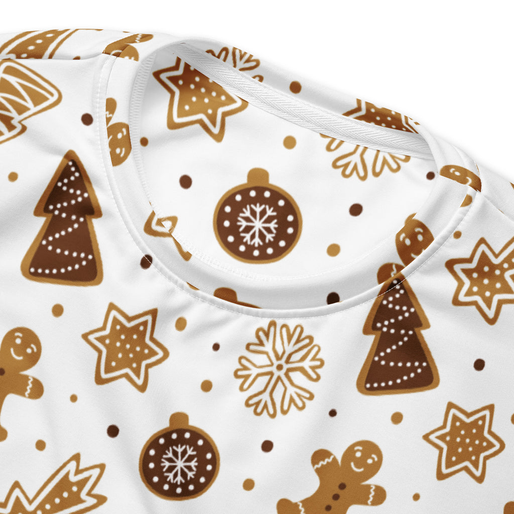White long-sleeved sweatshirt with brown gingerbread cookie festive pattern and brushed inner fleece fabric