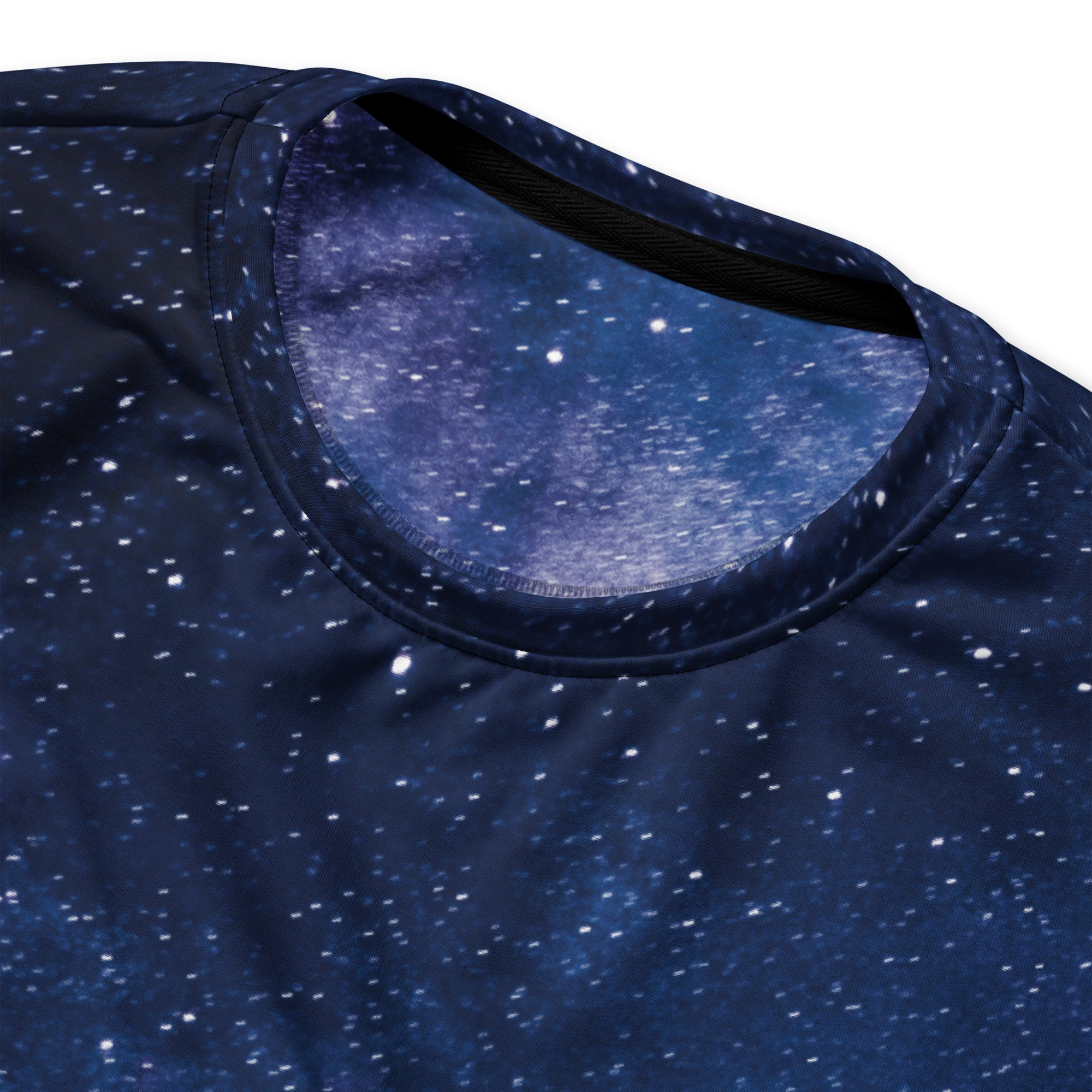 Dark blue starry night sky print t-shirt with subtle gradient white speckles and brushed inner fleece fabric