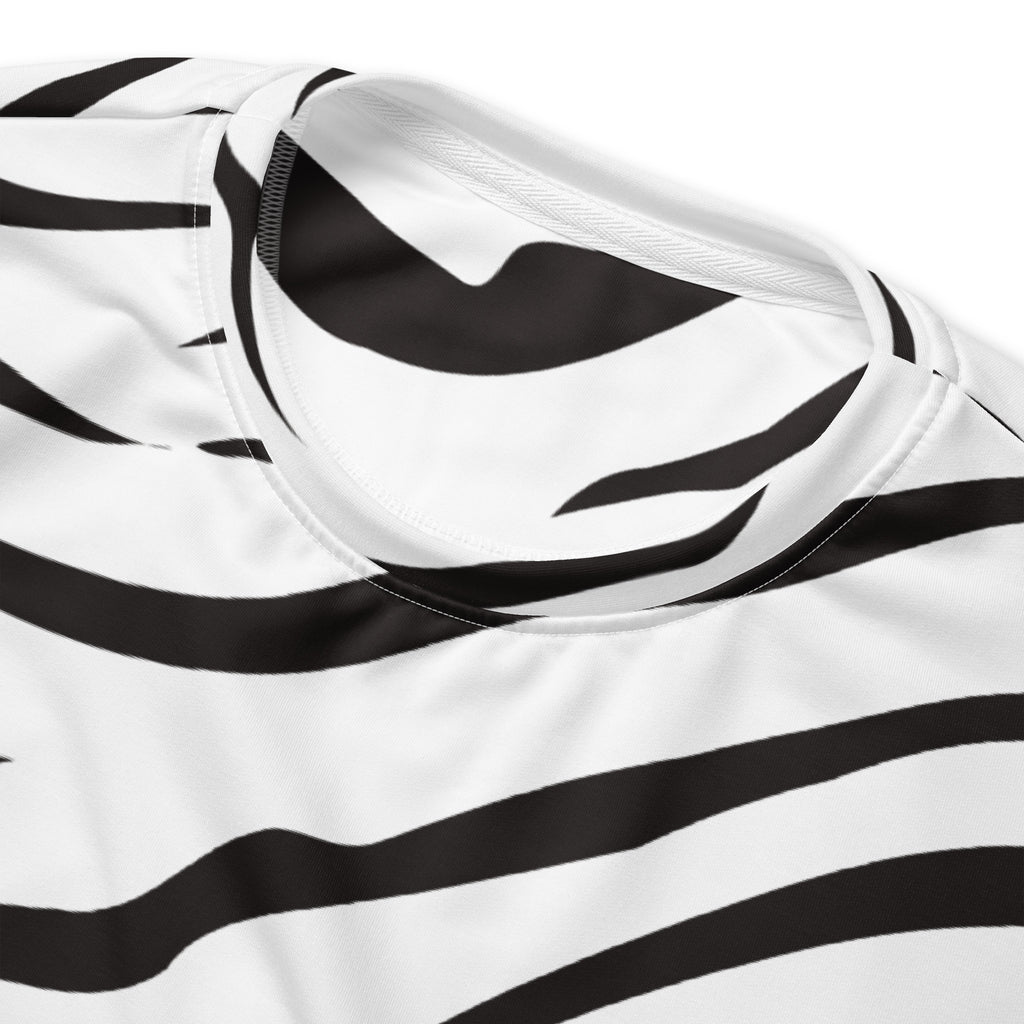 Zebra print sweatshirt with brushed inner fleece in white with bold black wavy stripes and rounded neckline